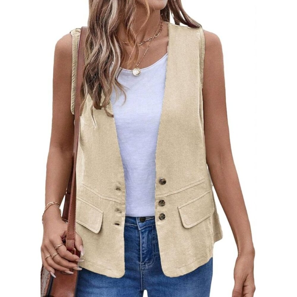 New! Shein Women's Beige Buttoned Sleeveless Vest Classic Versatile Layering XL